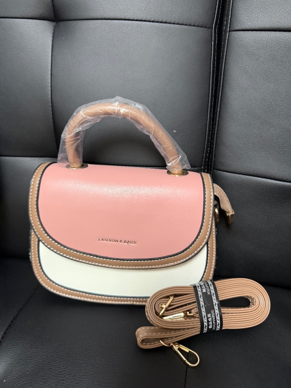 Fashion & Bags Colorblock Pink Cream Tan Top Handle Crossbody Handbag